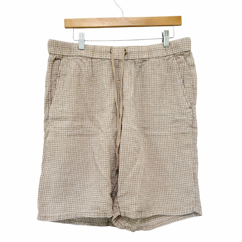 Eileen Fisher Tan White Gingham Organic Linen Shorts Sz L